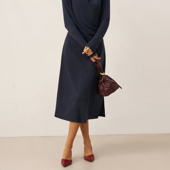 Linen Crossover V-Neck Wrap Stretch Midi Dress MARNIE - Picture 8 of 12